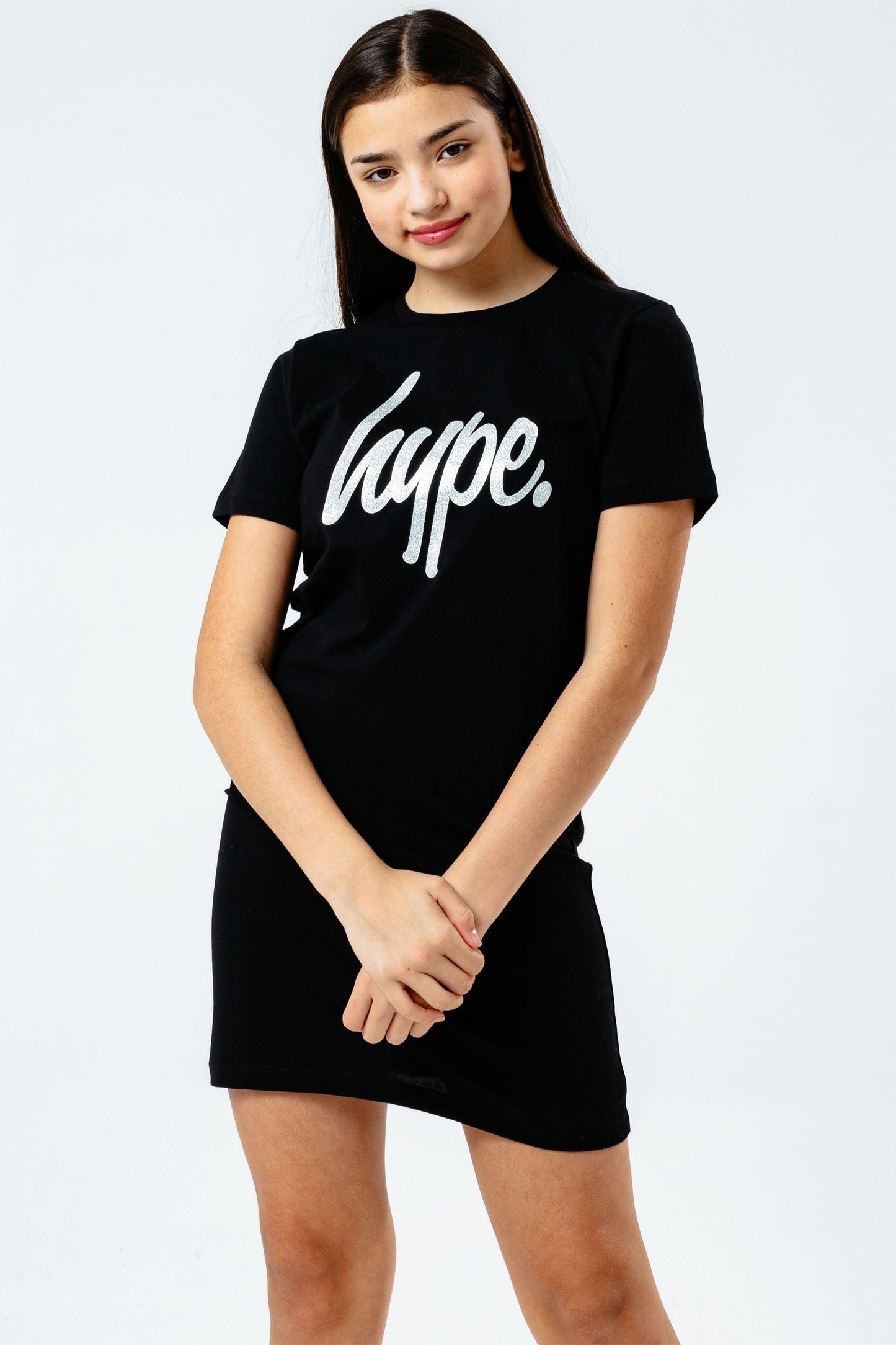 HYPE GIRLS BLACK GLITTER SCRIPT TEE DRESS