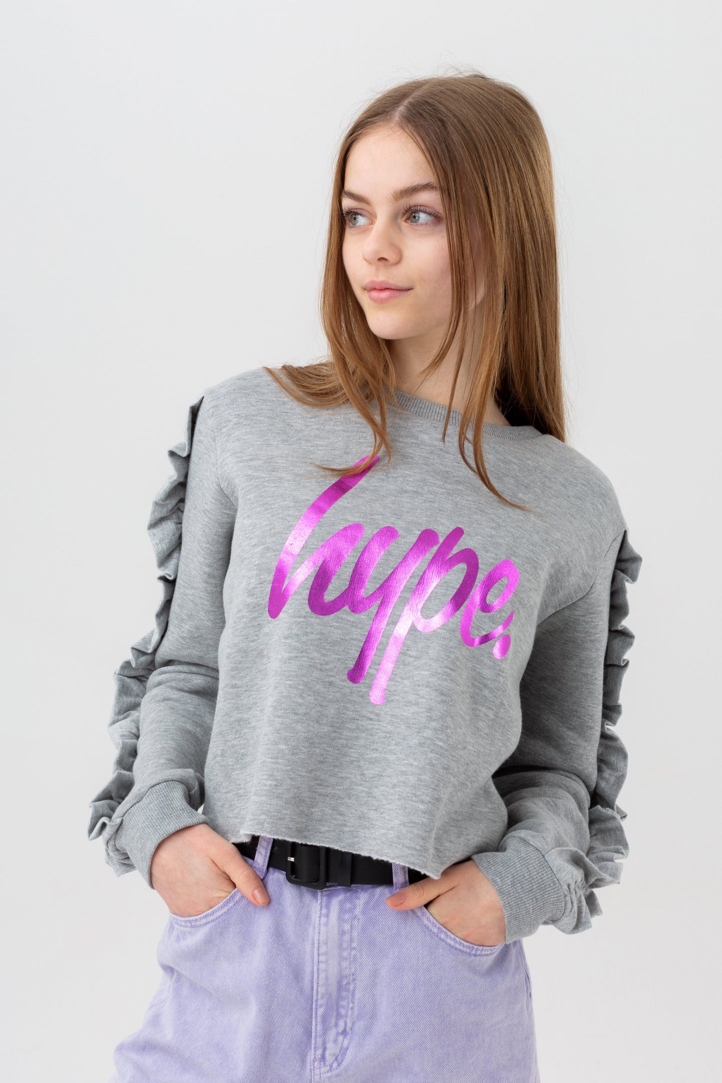 HYPE GIRLS GREY RUFFLE PRINCESS SCRIPT CROP CREW NECK