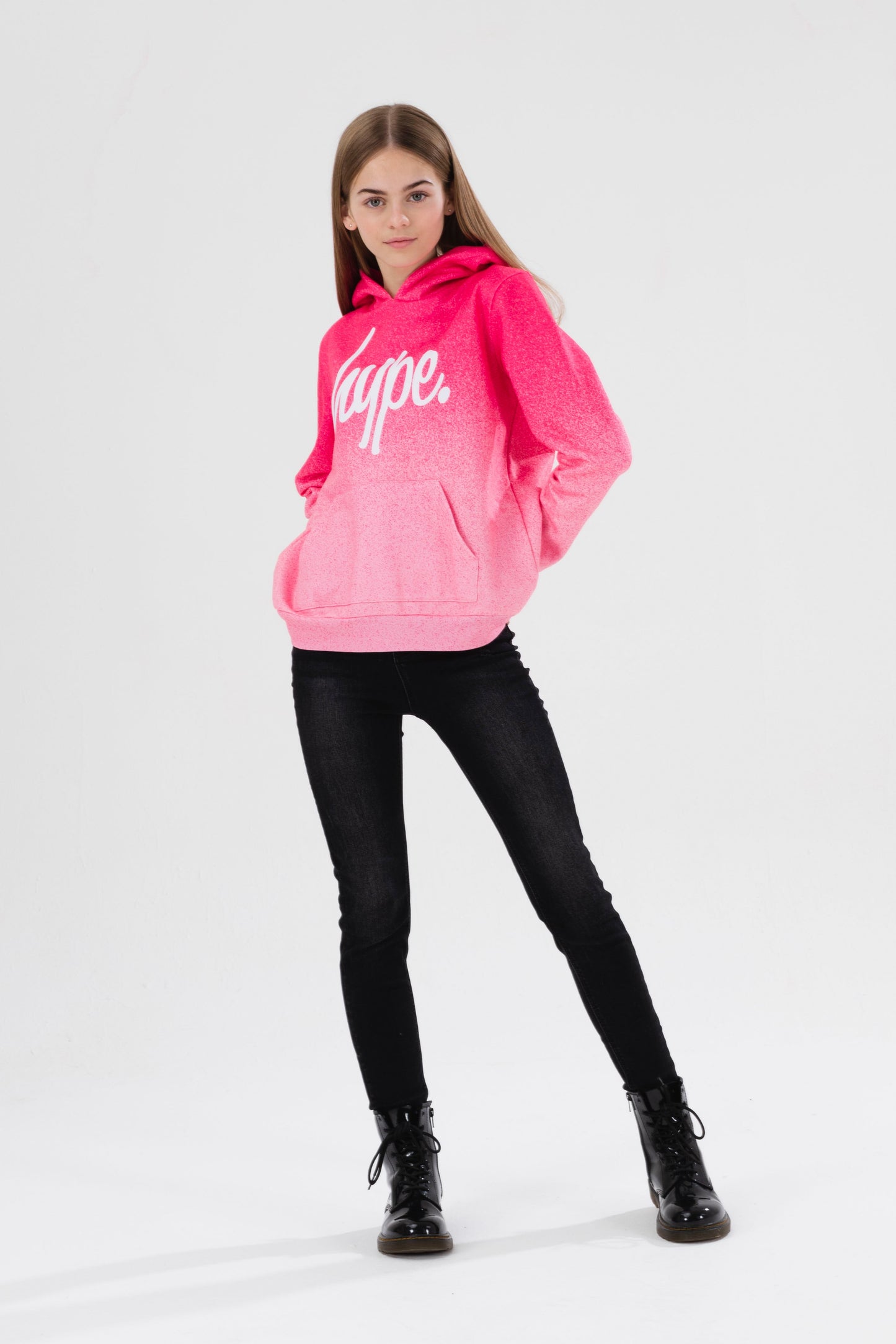 HYPE GIRLS PINK SPECKLE FADE SCRIPT HOODIE