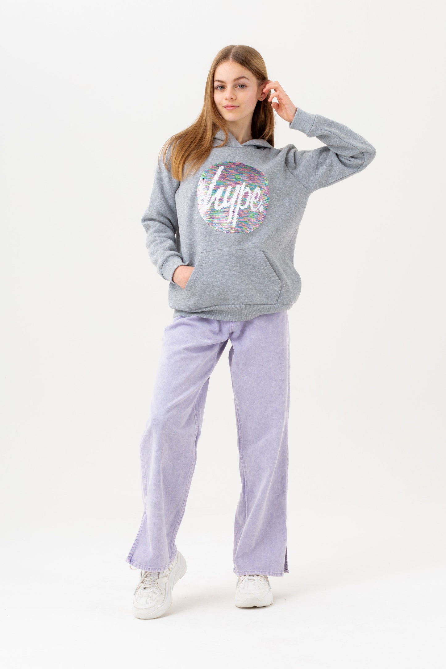 HYPE GIRLS GREY MARL DREAM SEQUIN CIRCLE HOODIE