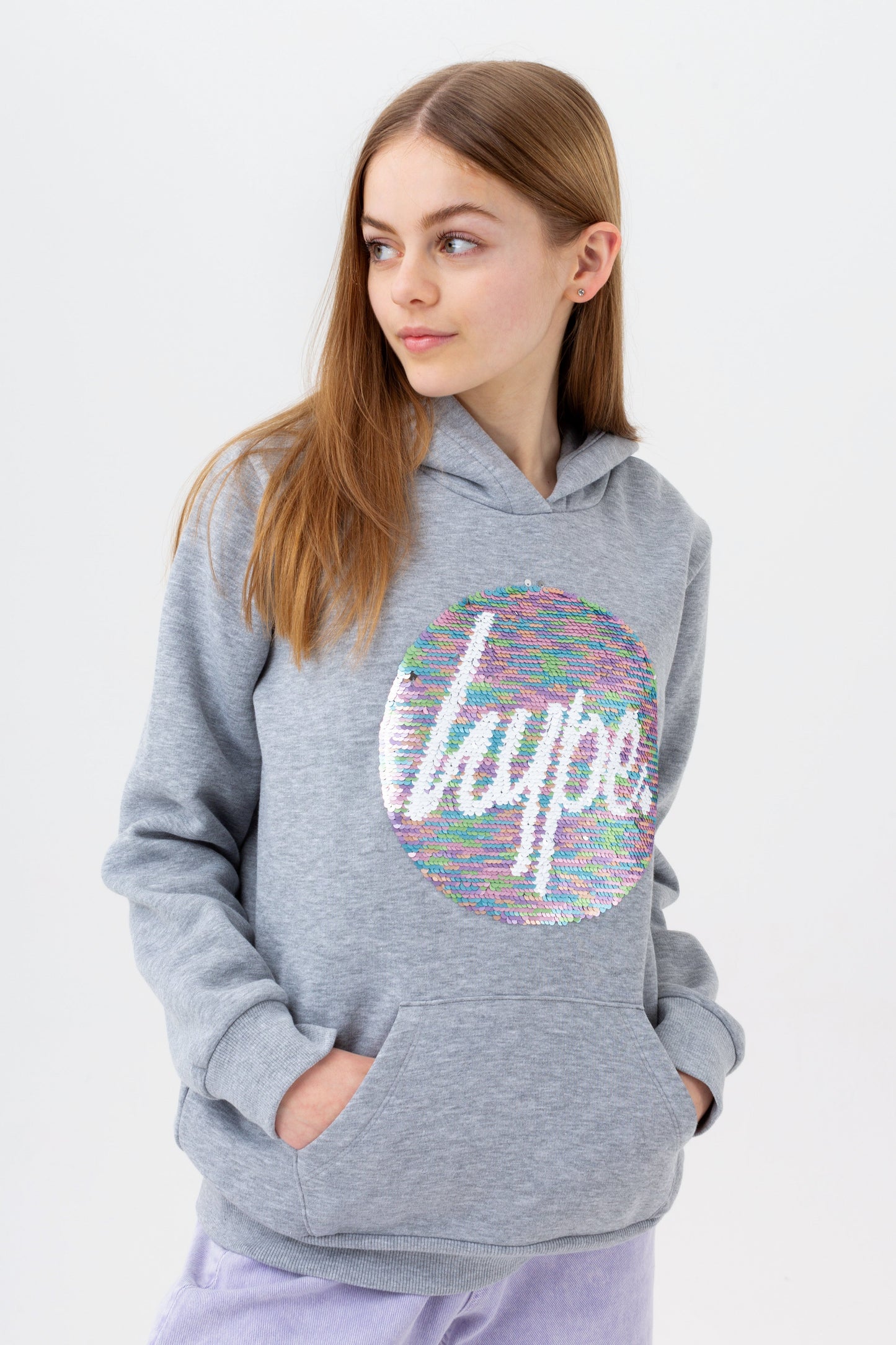 HYPE GIRLS GREY MARL DREAM SEQUIN CIRCLE HOODIE