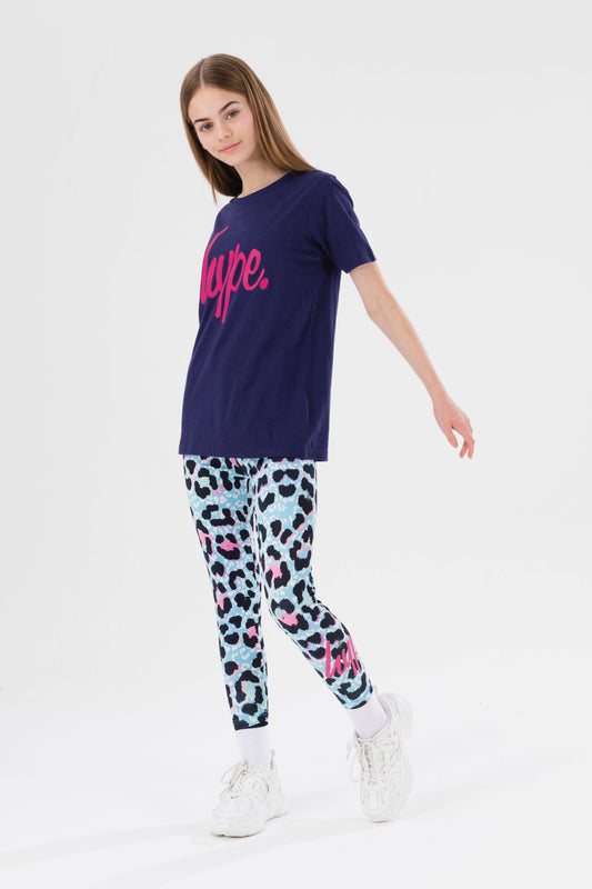 HYPE GIRLS BLUE ICE LEOPARD SCRIPT TEE AND LEGGINGS SET