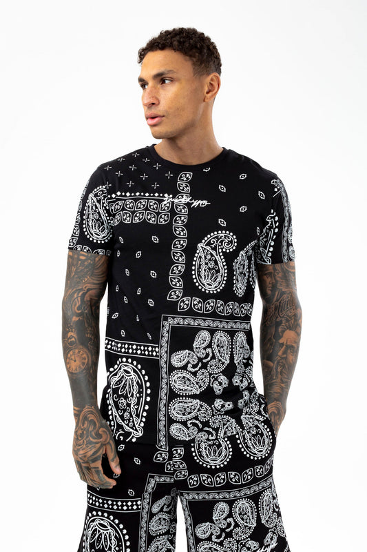 HYPE MENS BLACK PAISLEY PALM SCRIBBLE T-SHIRT