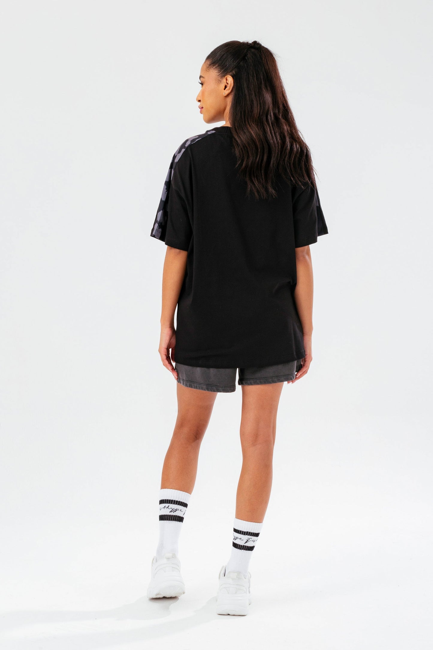 HYPE WOMENS BLACK LEOPARD LABEL BOXY T-SHIRT