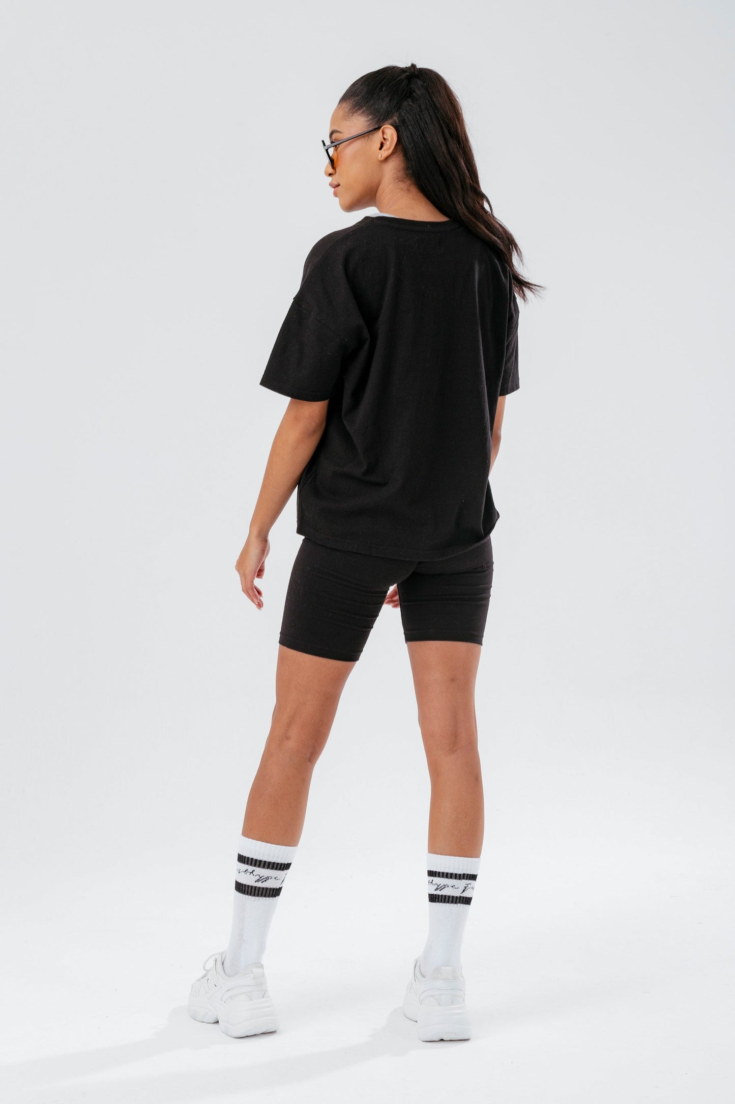 HYPE WOMENS BLACK SCRIBBLE BOXY TEE & CYCLING SHORTS SET