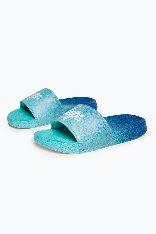 HYPE KIDS UNISEX BLUE SPECKLE FADE SCRIPT SLIDERS