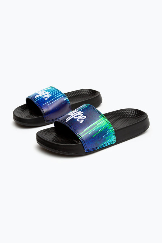 HYPE KIDS UNISEX BLACK PACIFIC DRIPS SCRIPT SLIDERS