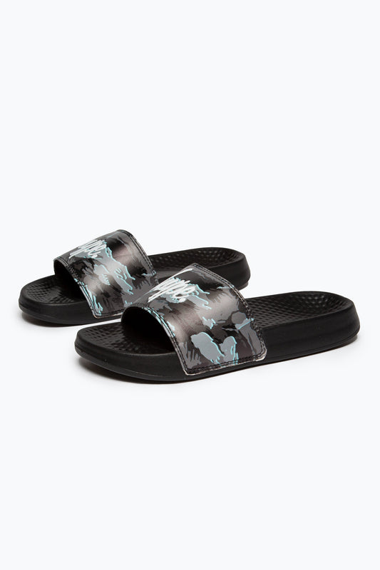 HYPE KIDS UNISEX GREY GLOOM CAMO SCRIPT SLIDERS