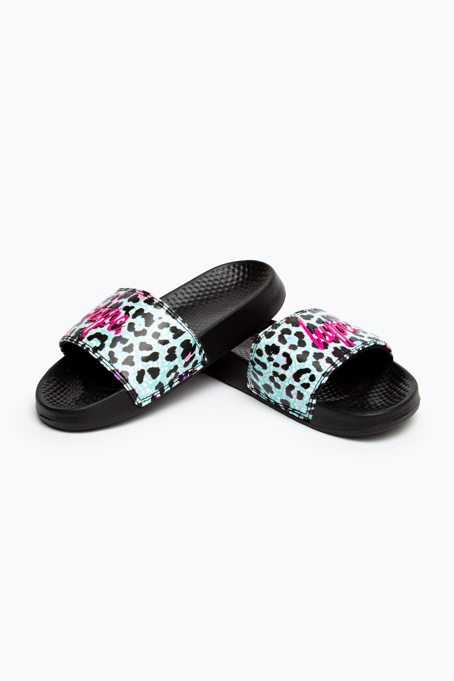 HYPE KIDS UNISEX BLACK ICE LEOPARD SCRIPT SLIDERS