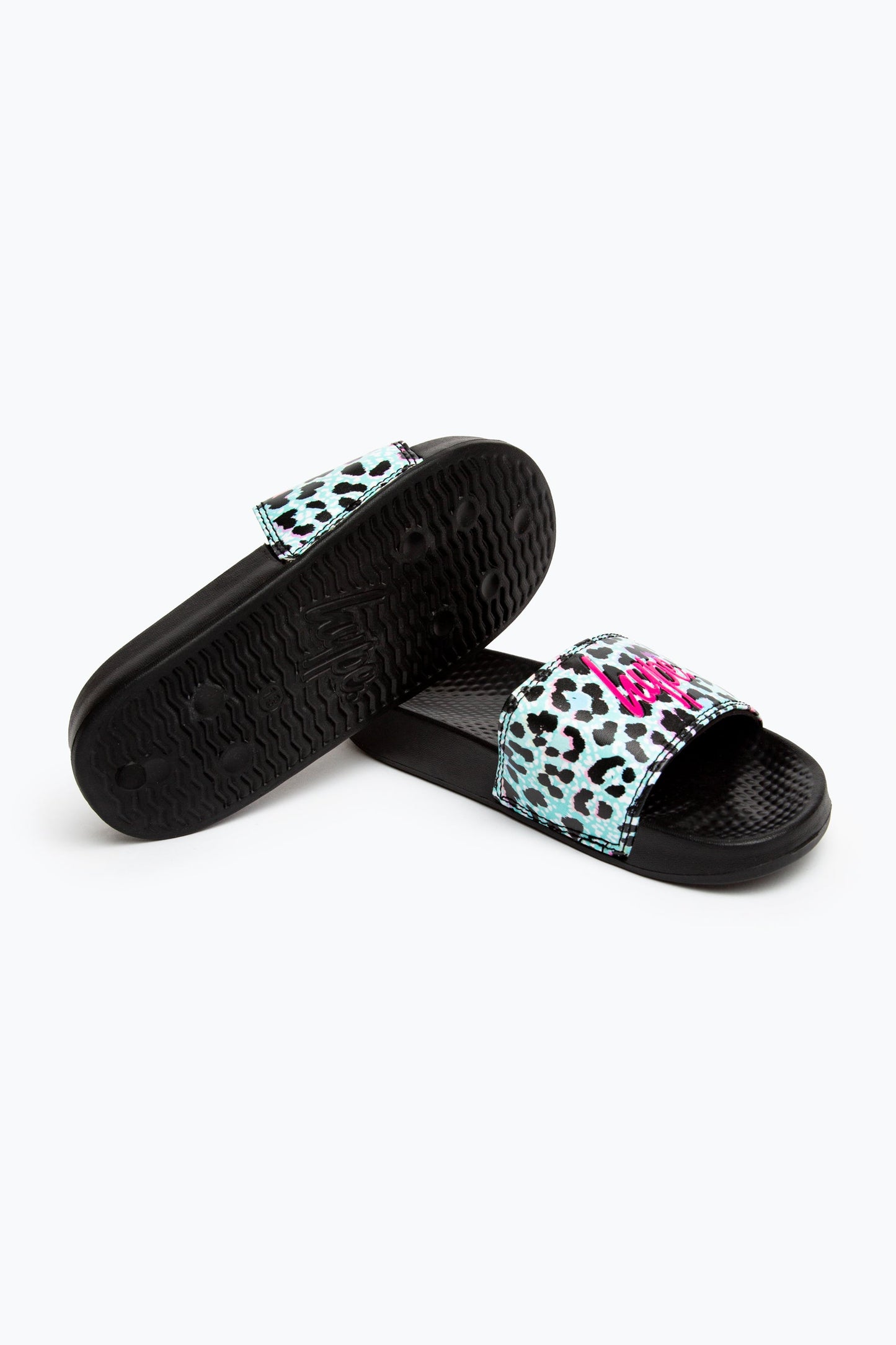 HYPE KIDS UNISEX BLACK ICE LEOPARD SCRIPT SLIDERS