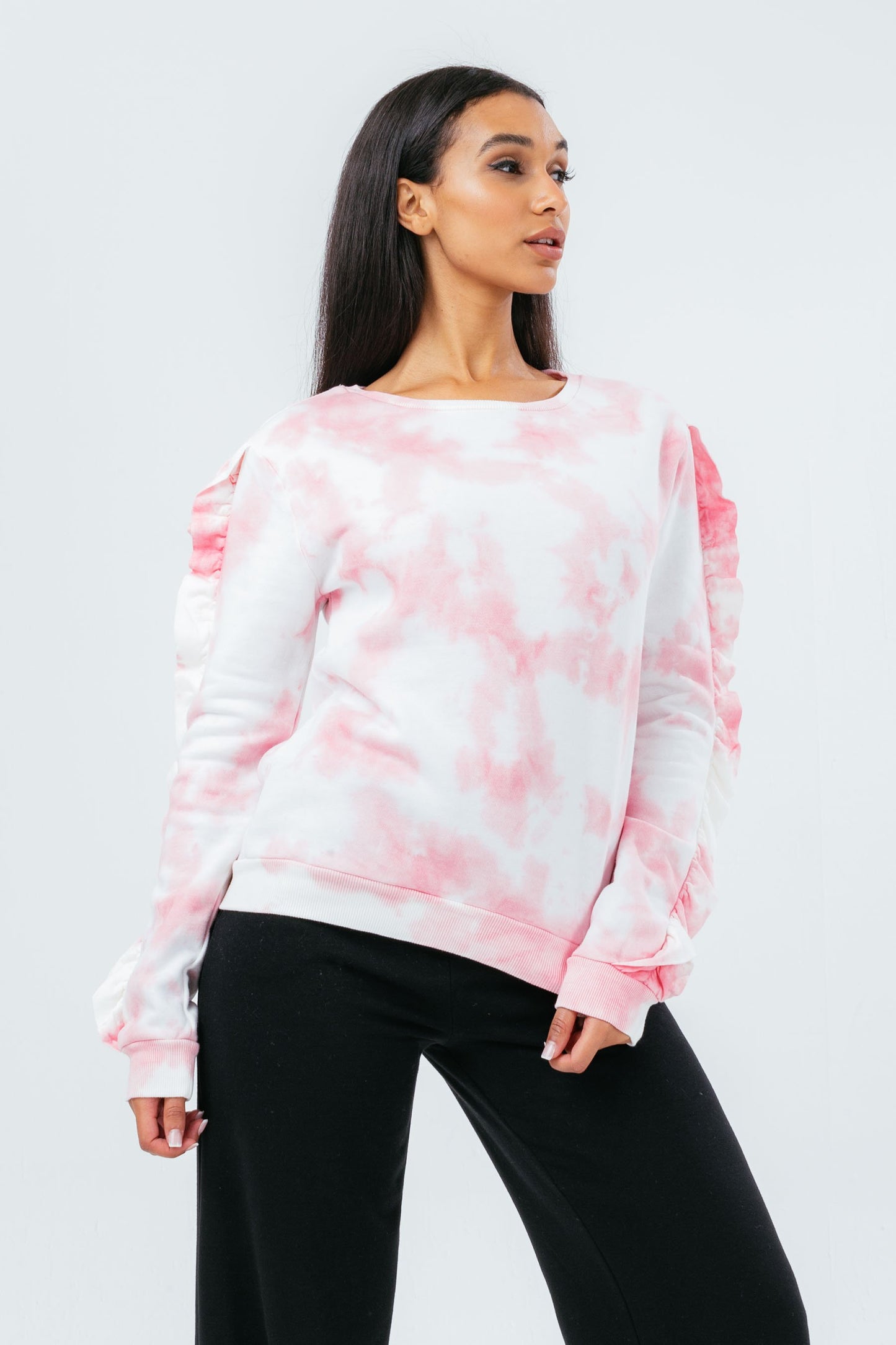 HYPE PINK DYE RUFFLE WOMEN'S CREW NECK